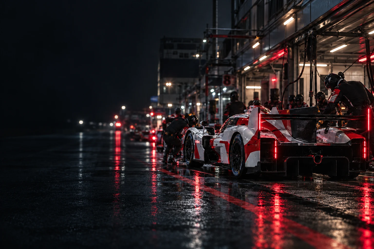 รถแข่ง Endurance สีขาวแดงใน pit lane ยามค่ำคืน